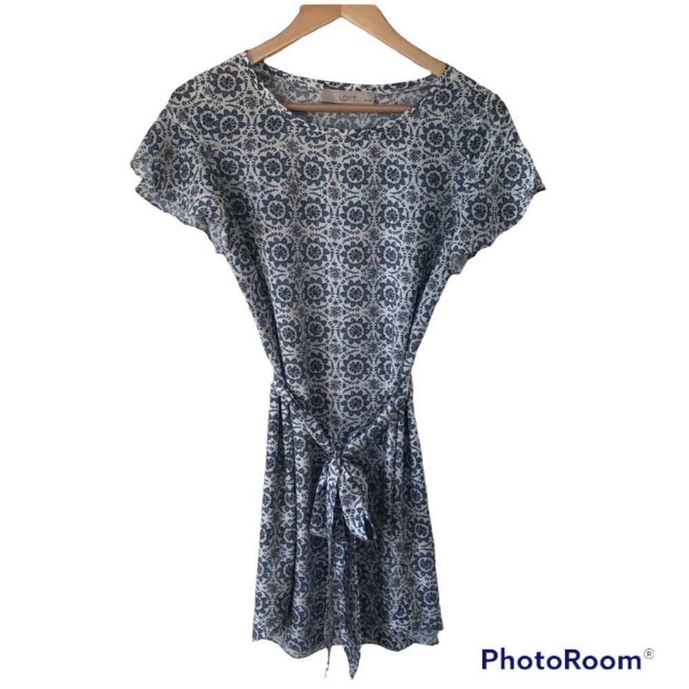 LOFT Navy & White Floral Print Tie Waist Dress